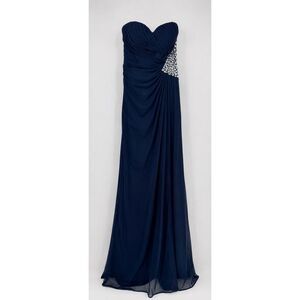 Xscape Navy Beaded Strapless Evening Gown Formal Maxi Dress Crystal Beads Size 0
